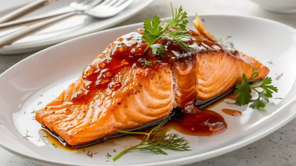 Air fryer honey garlic salmon on a plate with herbs