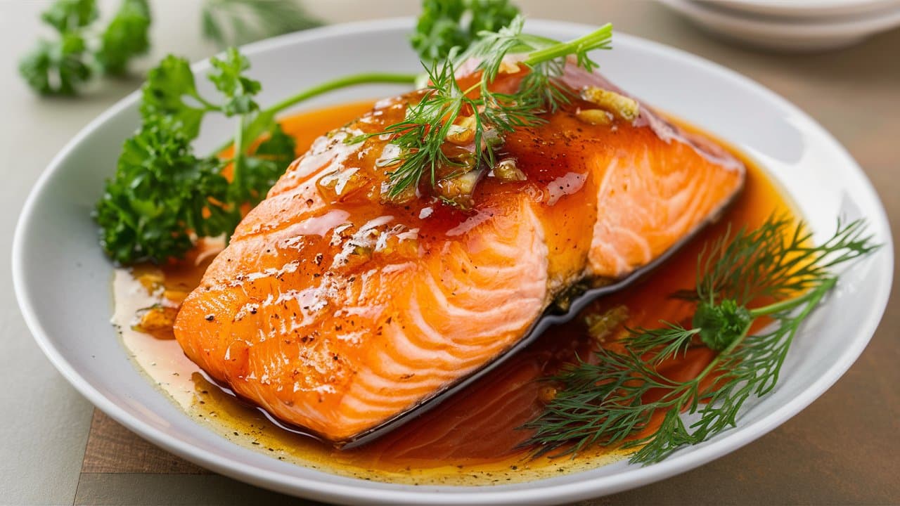 Air fryer honey garlic salmon on a plate with herbs