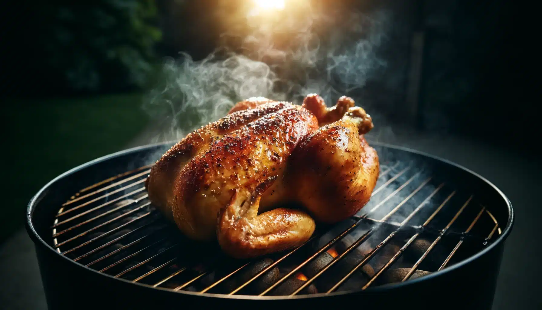 Smoked spatchcock chicken on a grill, showcasing juicy, evenly cooked meat with a golden crispy skin.