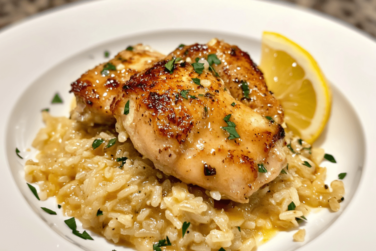 Smothered chicken served over a bed of fluffy rice with creamy, savory sauce, creating a comforting and flavorful meal.