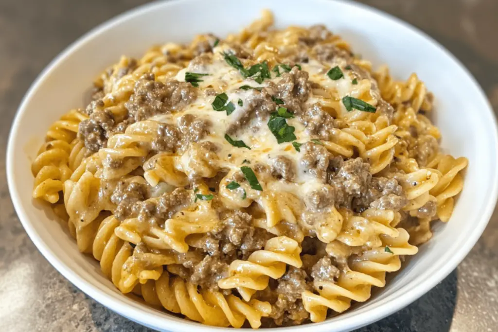 Creamy Cheesy Garlic Butter Rotini with Savory Beef