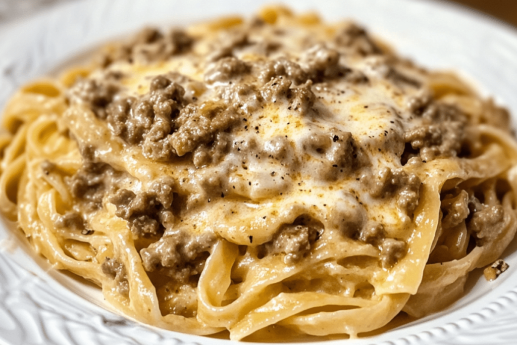 Creamy Cheesy Garlic Butter Linguine with Savory Beef | Rich & Flavorful Pasta Dish