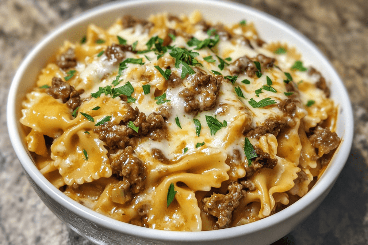 Beef and Bowtie Pasta with Alfredo Sauce | Easy & Creamy Dinner