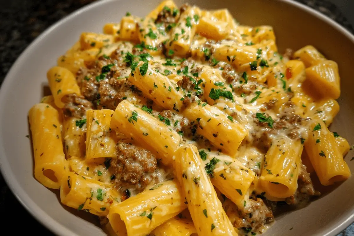 Cajun Garlic Butter Beef with Creamy Cheddar Bowtie Pasta