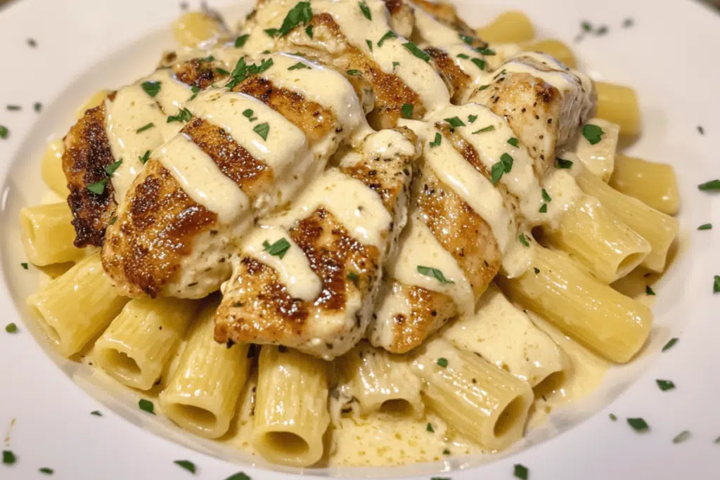 Juicy garlic parmesan chicken served with creamy rigatoni pasta, creating a rich and comforting dinner dish.