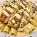 Juicy garlic parmesan chicken served with creamy rigatoni pasta, creating a rich and comforting dinner dish.