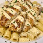 Juicy garlic parmesan chicken served with creamy rigatoni pasta, creating a rich and comforting dinner dish.