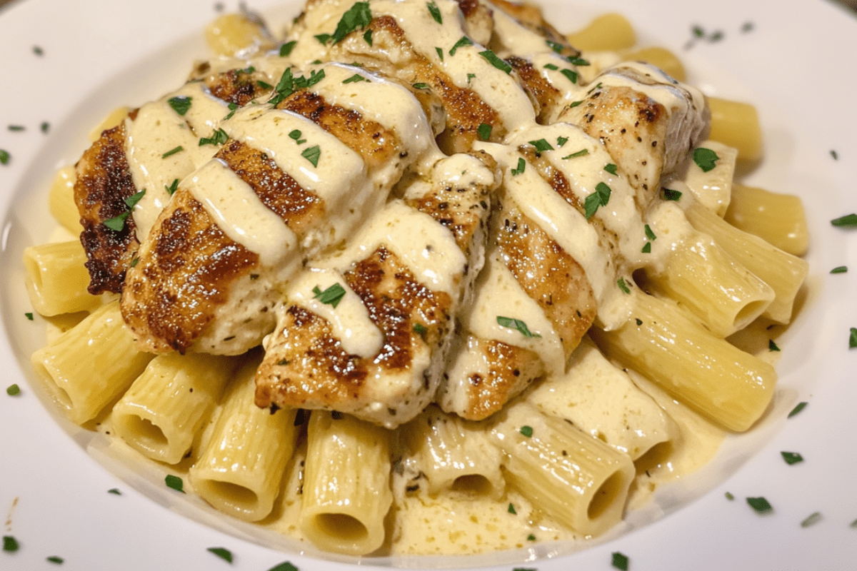 Juicy garlic parmesan chicken served with creamy rigatoni pasta, creating a rich and comforting dinner dish.