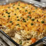 A hearty, creamy chicken rice casserole with tender chicken pieces and fluffy rice in a rich, savory sauce.