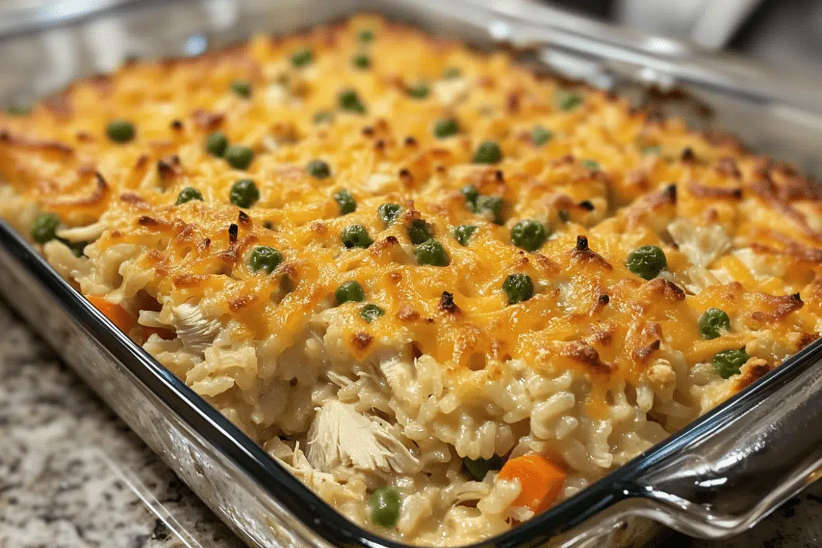 A hearty, creamy chicken rice casserole with tender chicken pieces and fluffy rice in a rich, savory sauce.