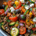 Savory Mediterranean ground beef stir fry with fresh vegetables and bold seasonings, served in a one-pan meal.