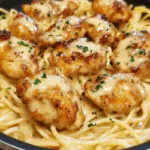 Juicy garlic butter chicken bites served over creamy Parmesan pasta with fresh herbs and a rich, savory sauce.