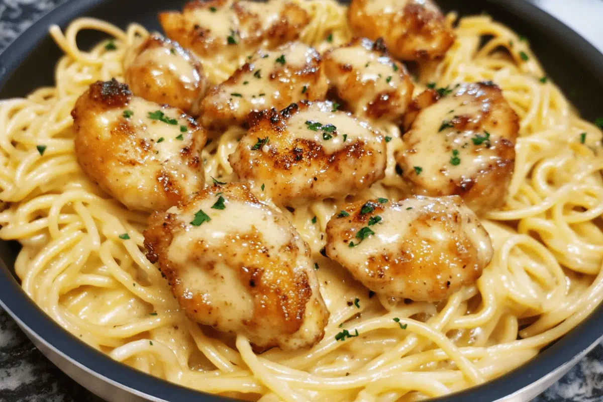 Juicy garlic butter chicken bites served over creamy Parmesan pasta with fresh herbs and a rich, savory sauce.