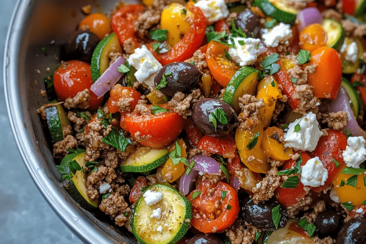 Savory Mediterranean ground beef stir fry with fresh vegetables and bold seasonings, served in a one-pan meal.