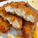 Crispy air fryer chicken tenders glazed with honey butter garlic sauce, served hot and golden brown.