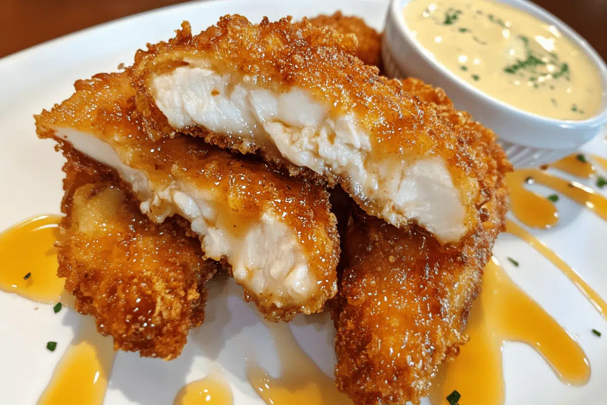 Crispy air fryer chicken tenders glazed with honey butter garlic sauce, served hot and golden brown.