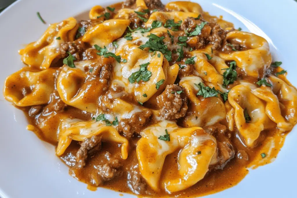 Cheesy beef enchilada tortellini covered in a creamy, savory sauce with a golden melted cheese topping.