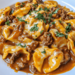 Cheesy beef enchilada tortellini covered in a creamy, savory sauce with a golden melted cheese topping.