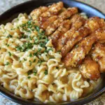 Cafeteria noodles topped with tender garlic butter chicken bites, making for a flavorful and satisfying meal.