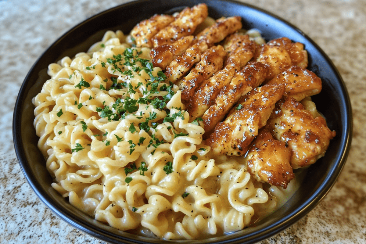 Cafeteria noodles topped with tender garlic butter chicken bites, making for a flavorful and satisfying meal.