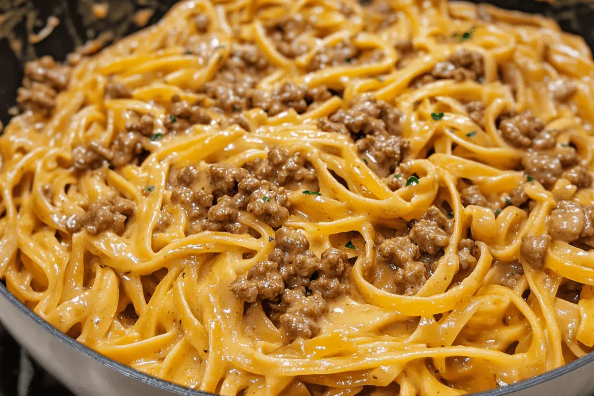 One-pot creamy beef and garlic butter pasta with a rich sauce and tender beef, perfect for a quick and satisfying dinner.