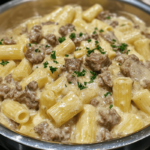 Creamy rigatoni pasta with tender beef in a rich garlic butter sauce, served hot and garnished with fresh herbs.