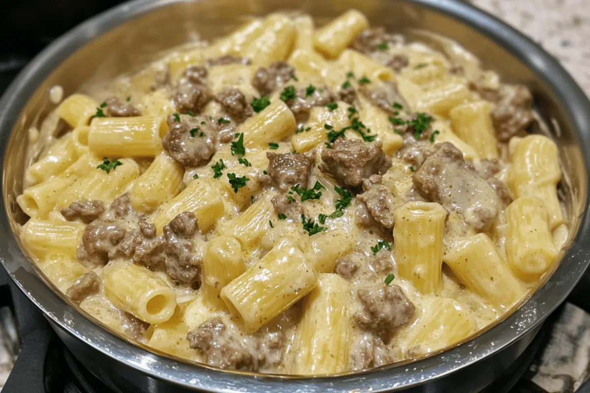 Creamy rigatoni pasta with tender beef in a rich garlic butter sauce, served hot and garnished with fresh herbs.