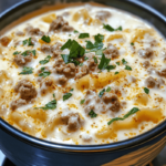 A creamy bowl of Alfredo lasagna soup with tender pasta, sausage, and Parmesan, garnished with fresh herbs.