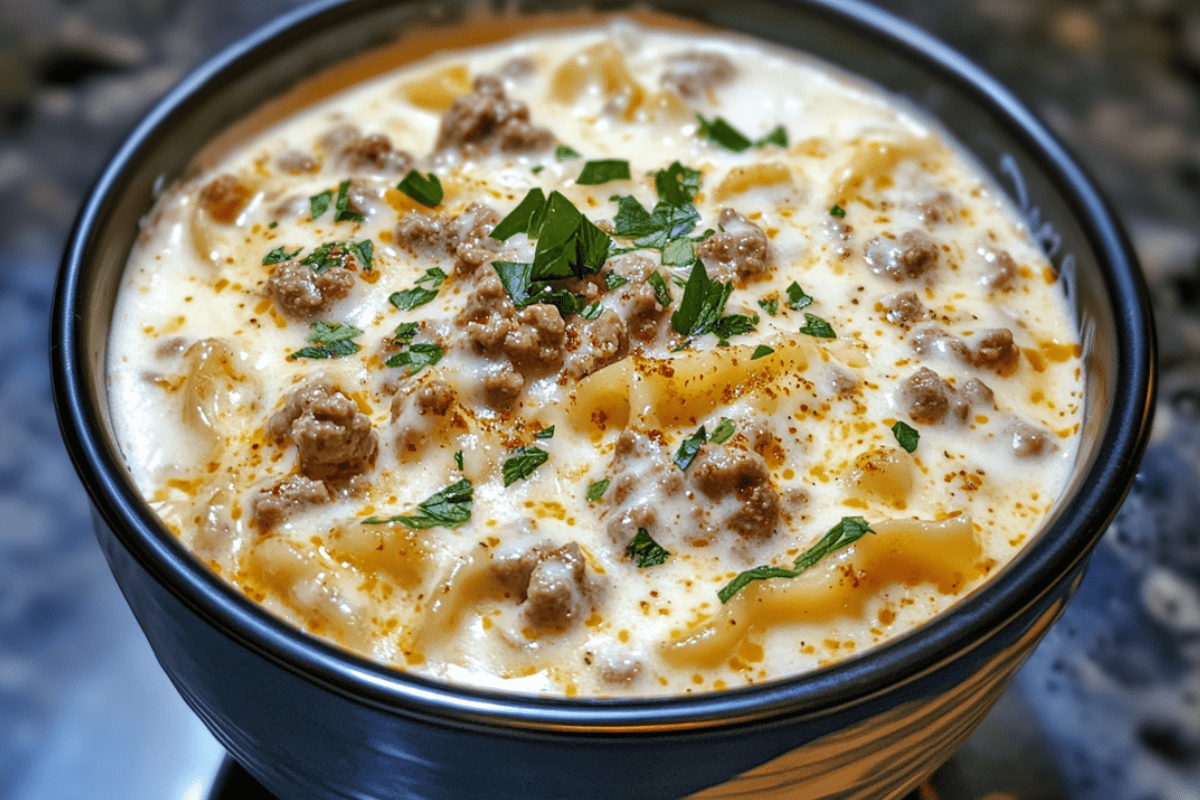 A creamy bowl of Alfredo lasagna soup with tender pasta, sausage, and Parmesan, garnished with fresh herbs.