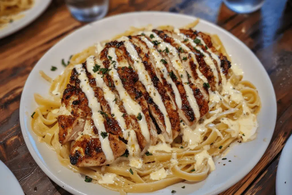 Garlic butter chicken served with creamy ricotta Alfredo pasta, topped with fresh herbs for a rich and flavorful meal.