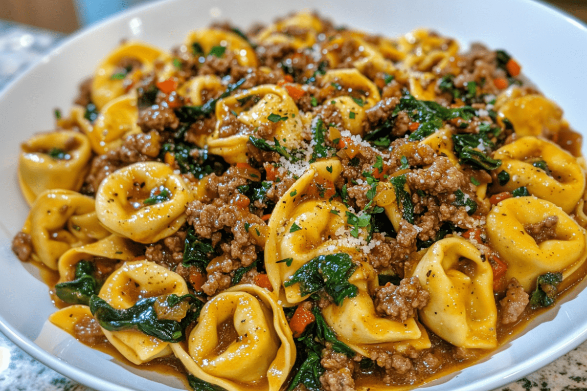 Garlic Butter Beef and Spinach Tortellini | Savory and Creamy Pasta Dish