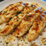 Chicken scampi in a buttery garlic sauce served over creamy Parmesan rice, garnished with fresh herbs.