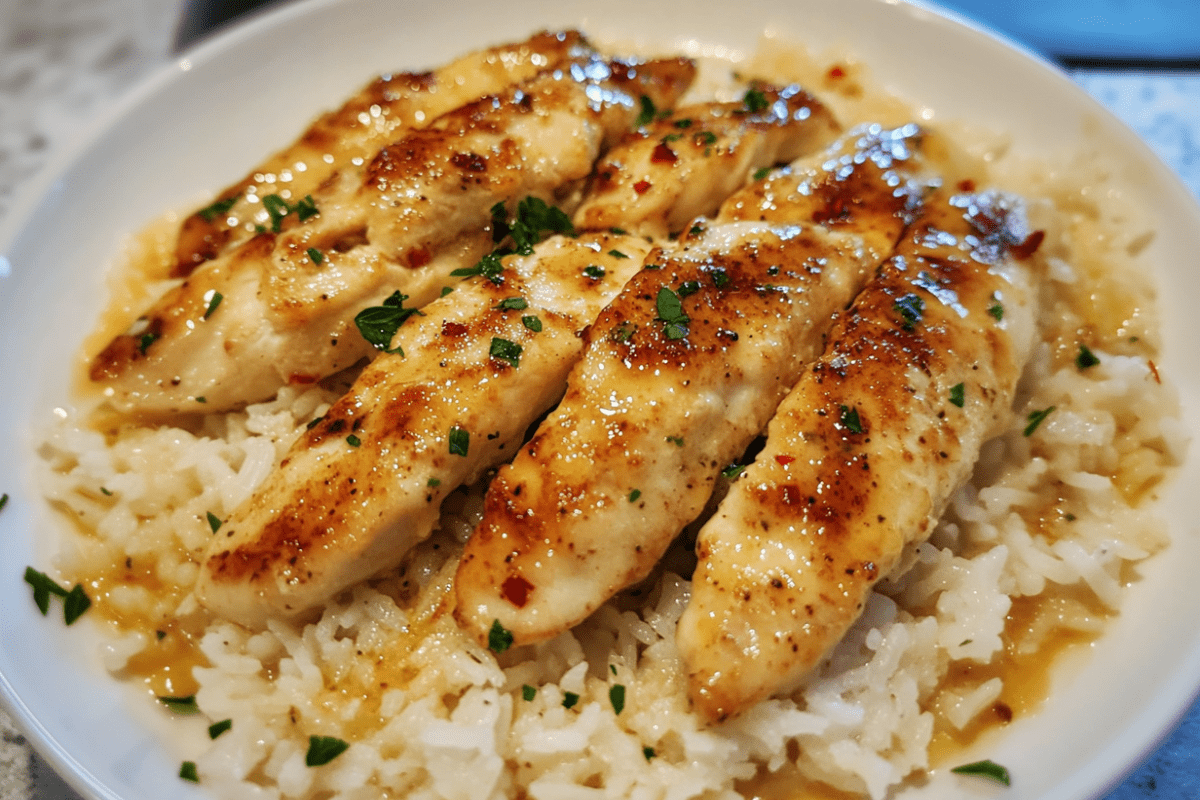 Chicken scampi in a buttery garlic sauce served over creamy Parmesan rice, garnished with fresh herbs.