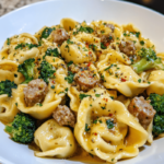 Creamy garlic Parmesan tortellini mixed with savory sausage and fresh broccoli for a comforting, flavorful dish.