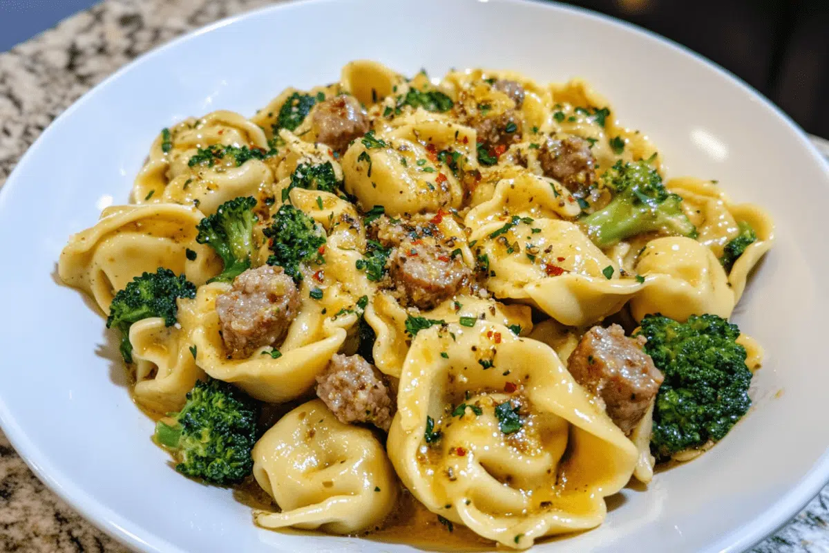 Creamy garlic Parmesan tortellini mixed with savory sausage and fresh broccoli for a comforting, flavorful dish.