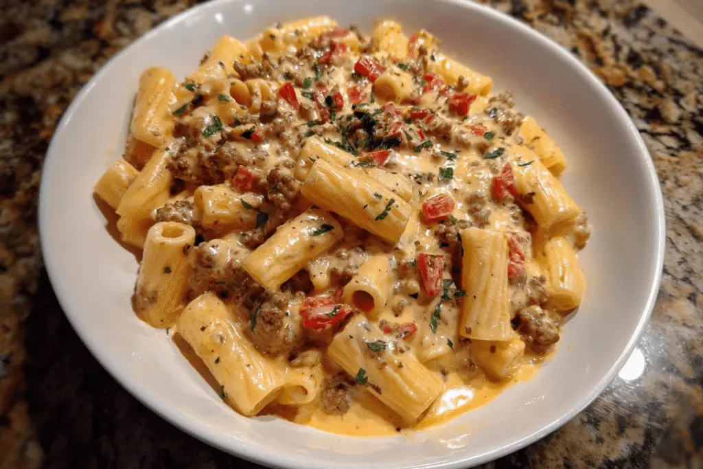 Velveeta Beef Rigatoni Pasta with Cheesy Cream Sauce