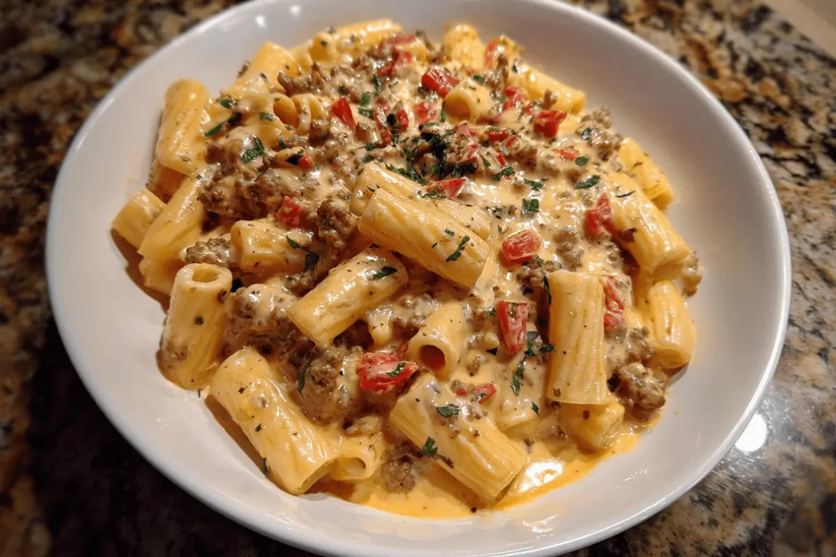 Velveeta Beef Rigatoni Pasta with Cheesy Cream Sauce
