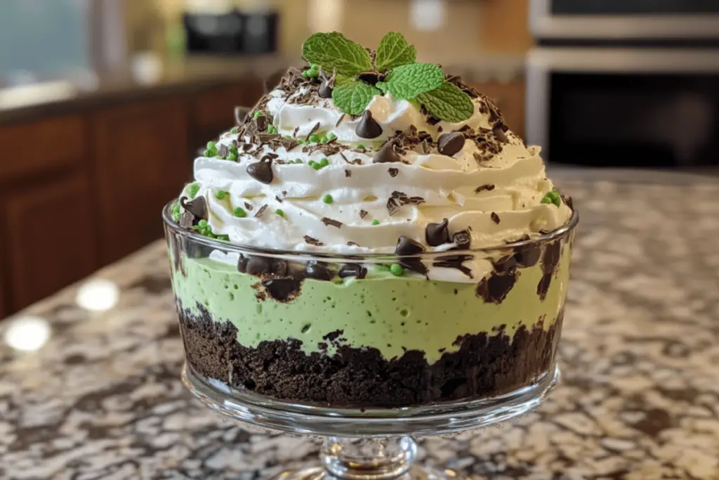 A festive St. Patrick’s Day brownie trifle with layers of fudgy brownies, whipped cream, and green sprinkles in a glass dish.