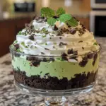 St. Patrick’s Day Brownie Trifle with layers of brownies, whipped cream, and festive green sprinkles, served in a clear trifle dish.