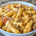 A serving of Creamy Velveeta Beef & Rigatoni Pasta with tender beef and a velvety cheese sauce.