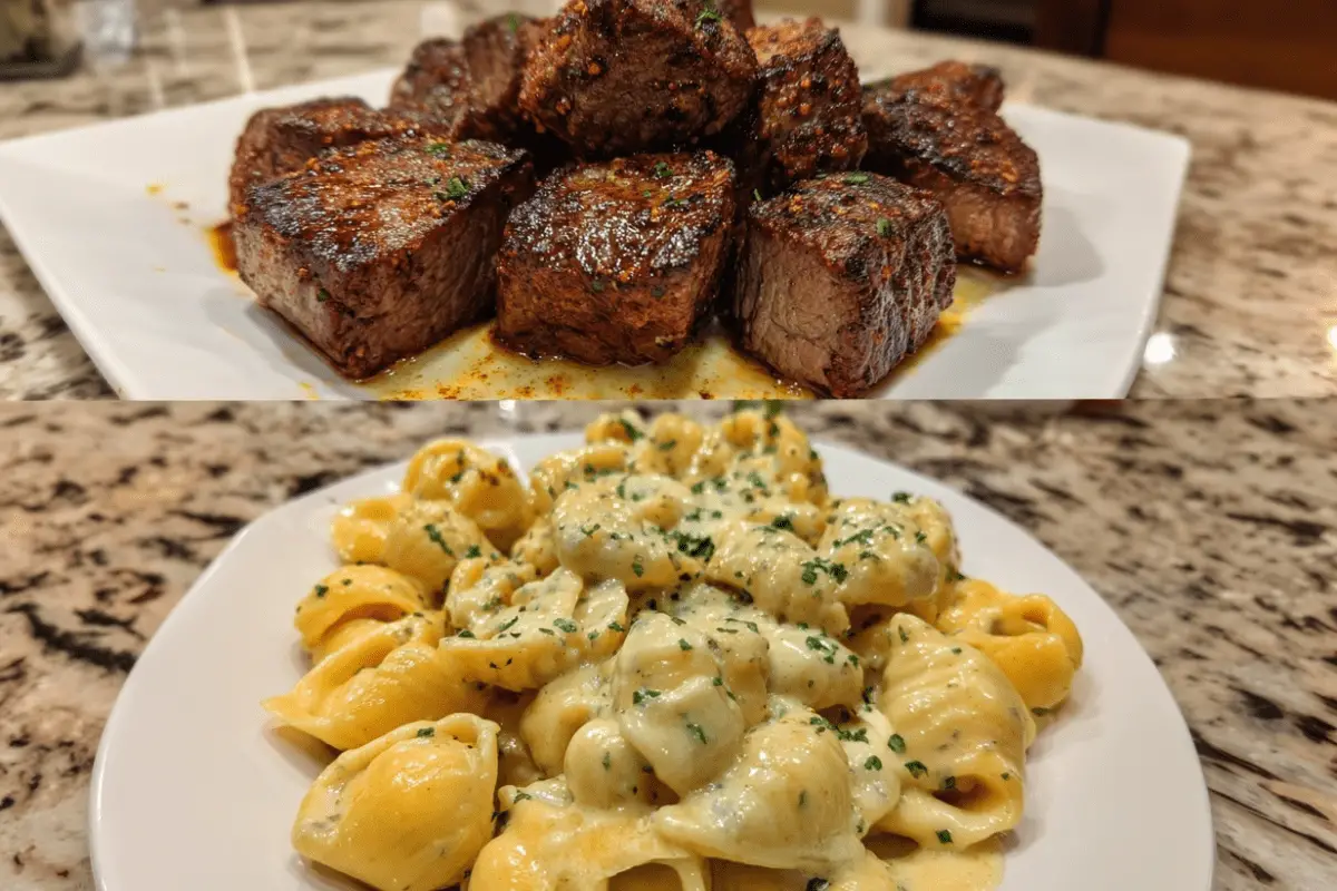 Cajun Steak Bites with Cheesy Garlic Shell Pasta Skillet