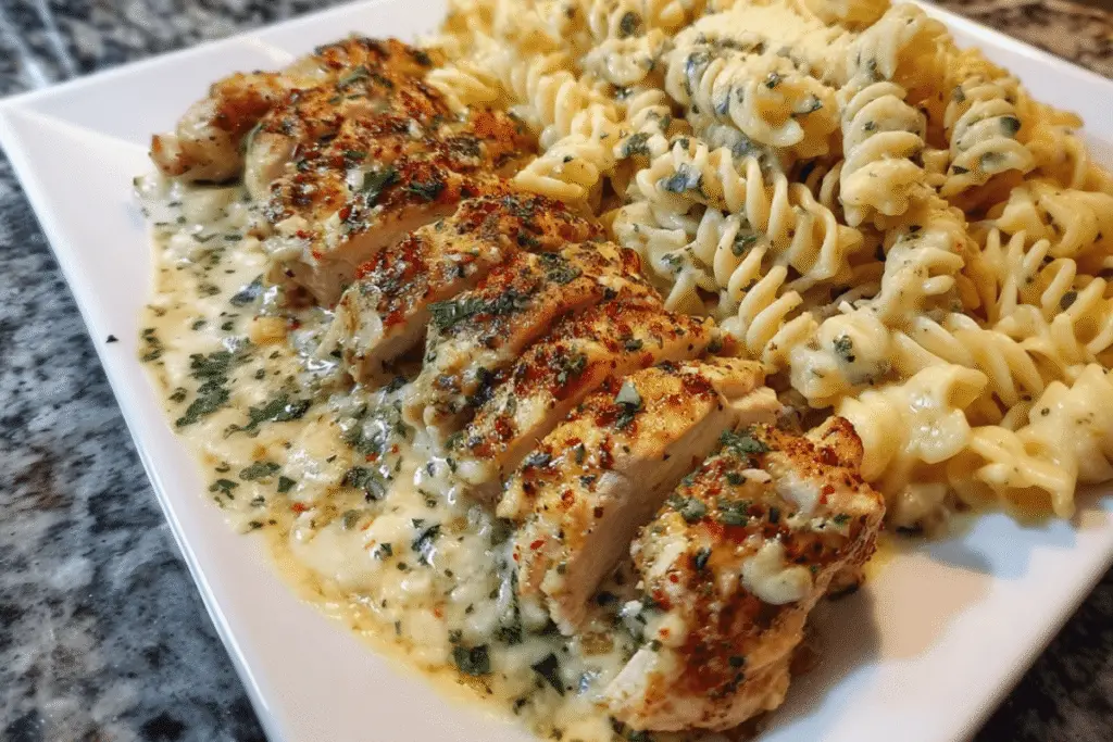 Cheesy Twisted Pasta with Creamy Garlic Parmesan Chicken
