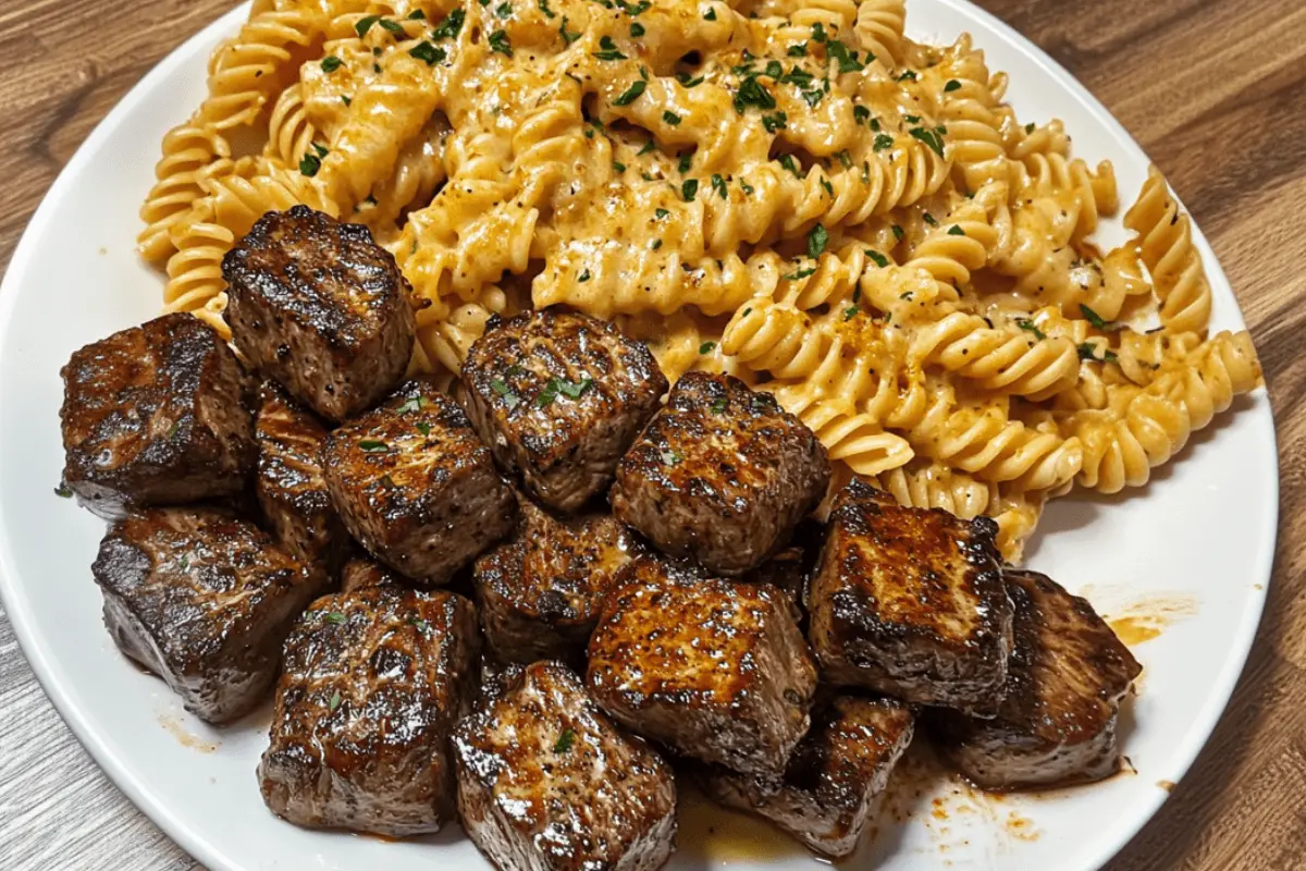 Garlic Butter Steak Bites & Spicy Cajun Alfredo Twisted Pasta