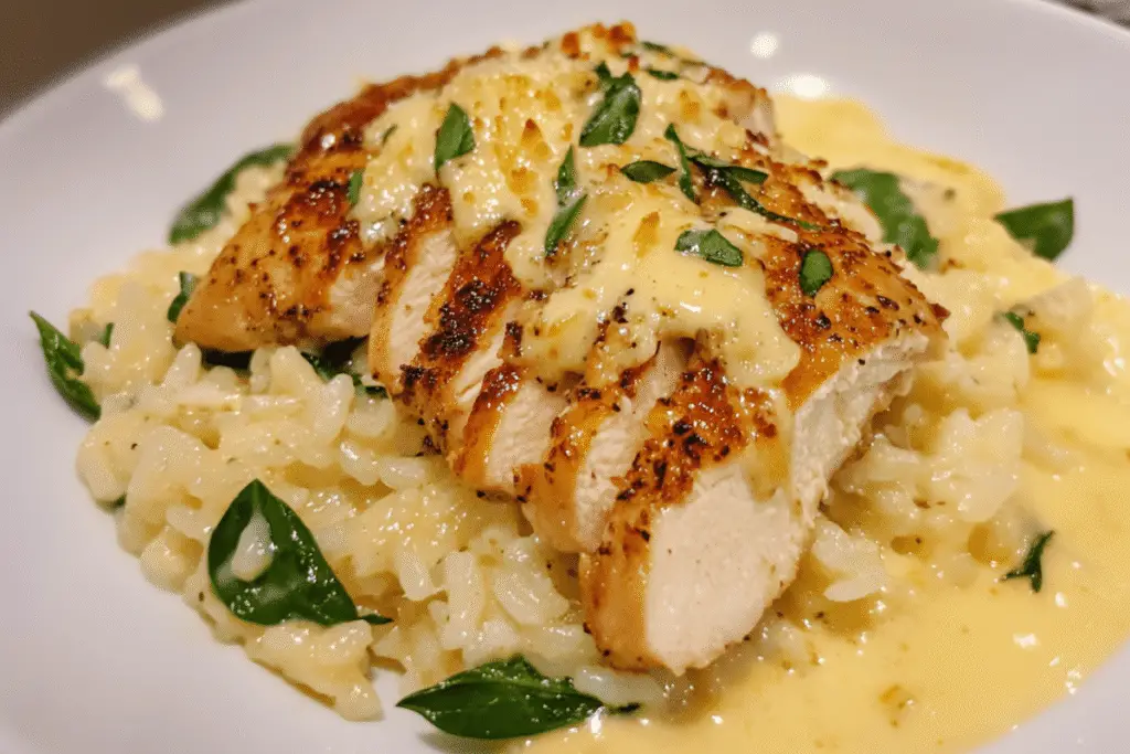 Creamy Garlic Chicken with Parmesan Rice and Spinach