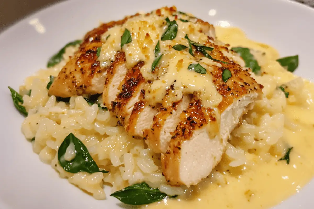 Creamy Garlic Chicken with Parmesan Rice and Spinach