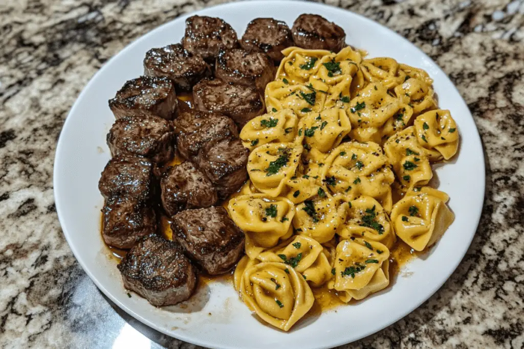 Smothered Steak Bites in Creamy Velveeta Tortellini
