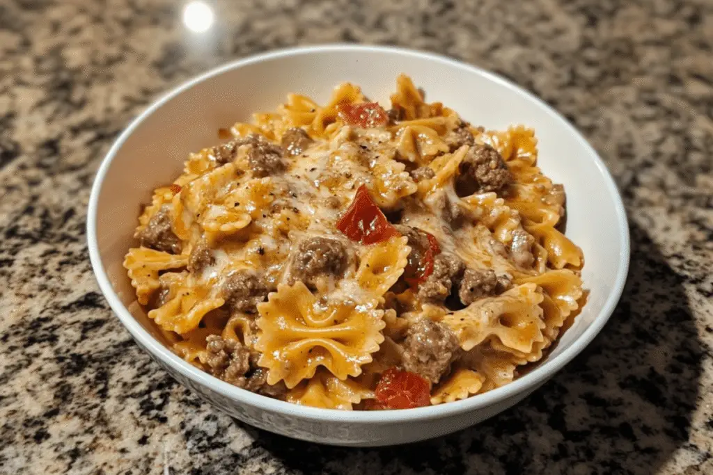 Creamy Beef Bowtie Pasta with Garlic Parmesan Sauce – Comfort in Every Bite