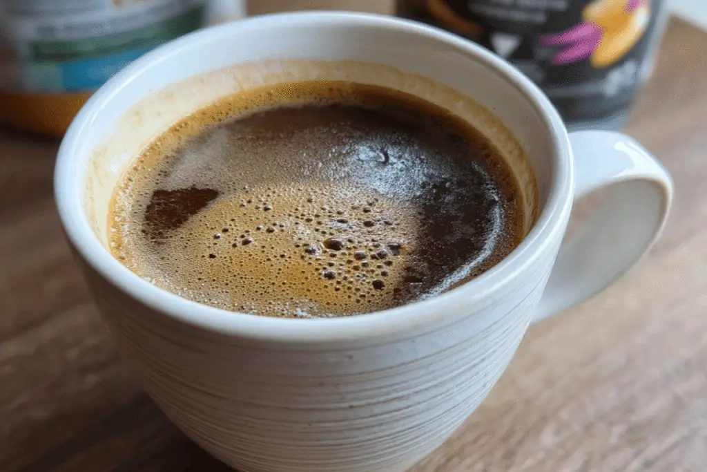 Jennifer Aniston-inspired collagen coffee with MCT oil, cinnamon, and almond milk served frothy in a glass mug on a rustic table