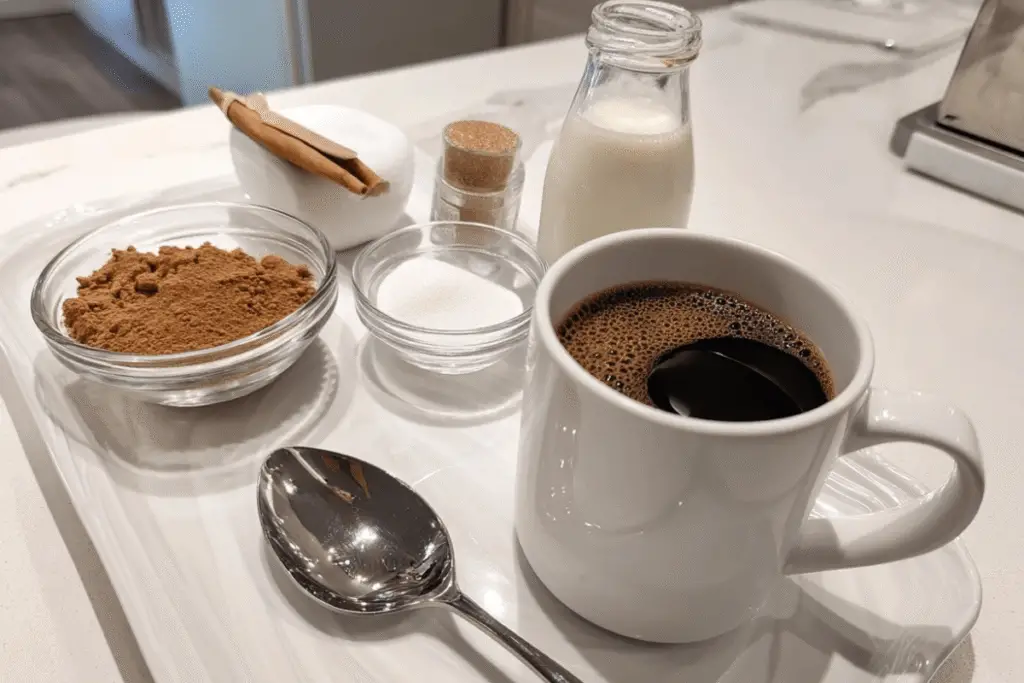Flat lay of Jennifer Aniston’s coffee loophole ingredients: organic black coffee, collagen peptides, cinnamon, and almond milk