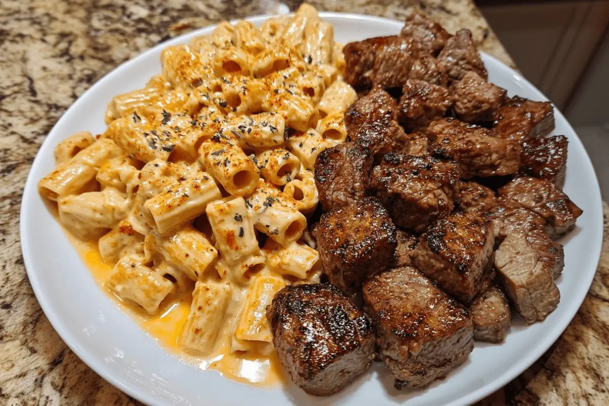 CAJUN STEAK TIPS IN CHEESY RIGATONI PARMESAN SAUCE